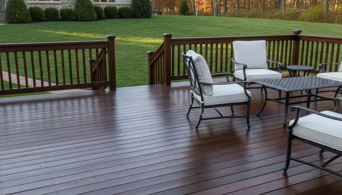 Finished deck staining in Easton, PA showcasing rich wood tones and durable weather‑resistant finish