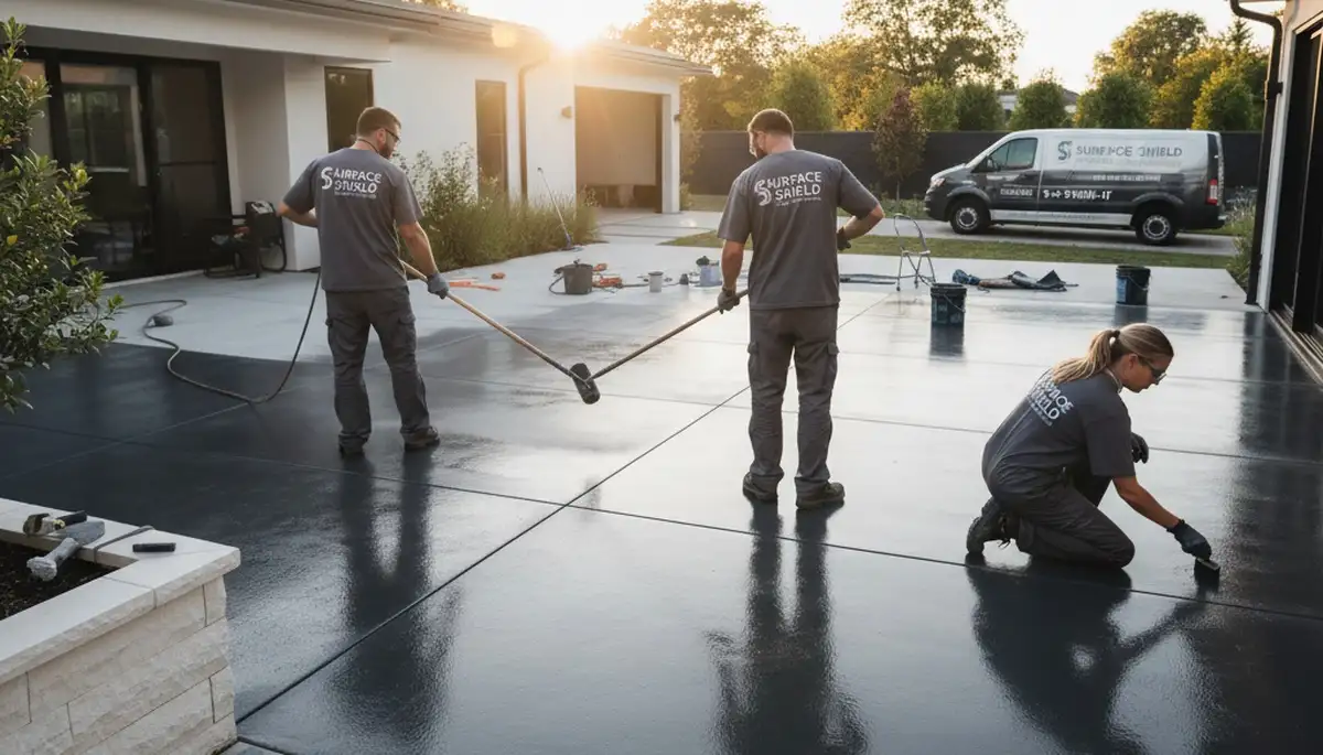 Concrete staining on residential garage floor in Easton, PA by professional house painting contractors