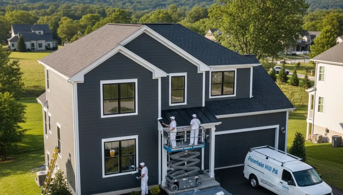 House painters in Easton, PA preparing a home exterior for professional painting service