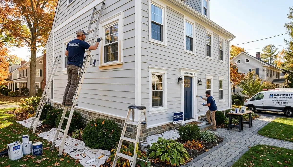 Professional house painters finishing exterior home in Easton, PA