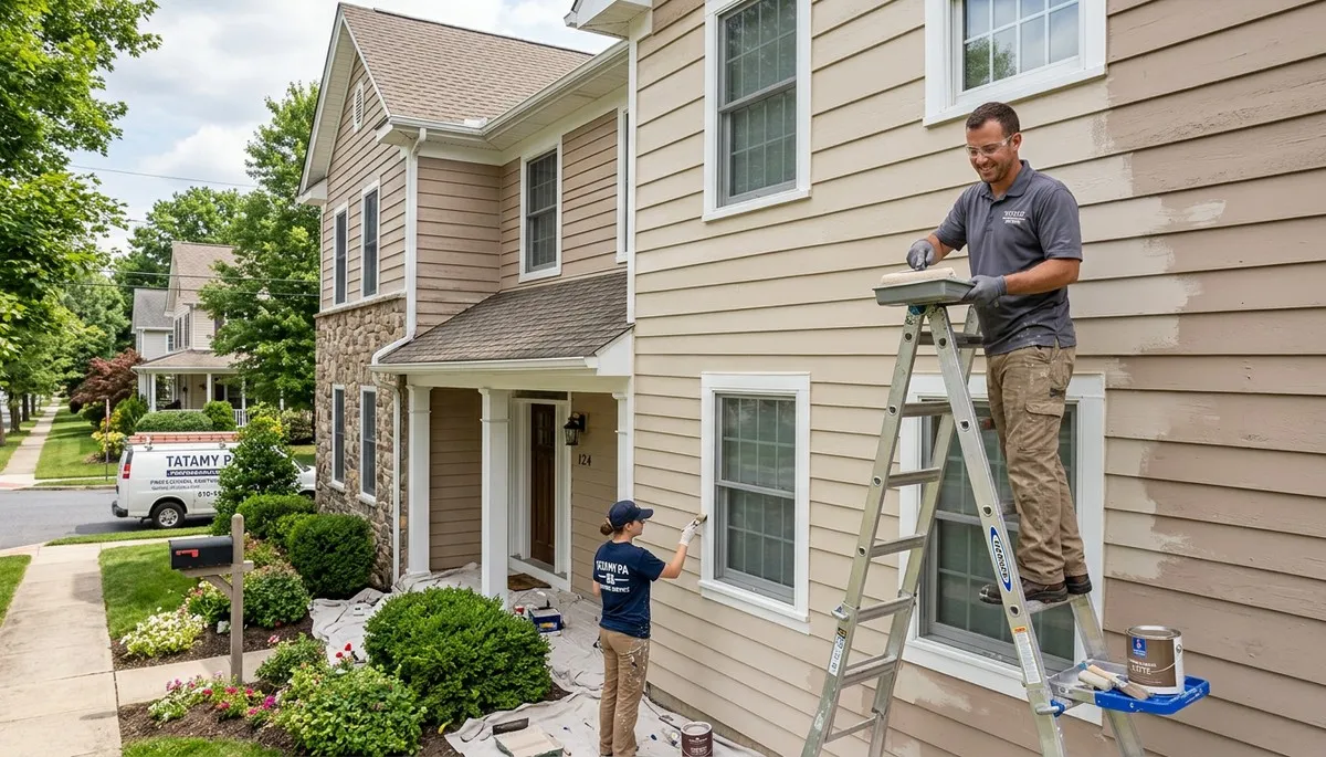 Professional house painters working on exterior home siding in Easton, PA