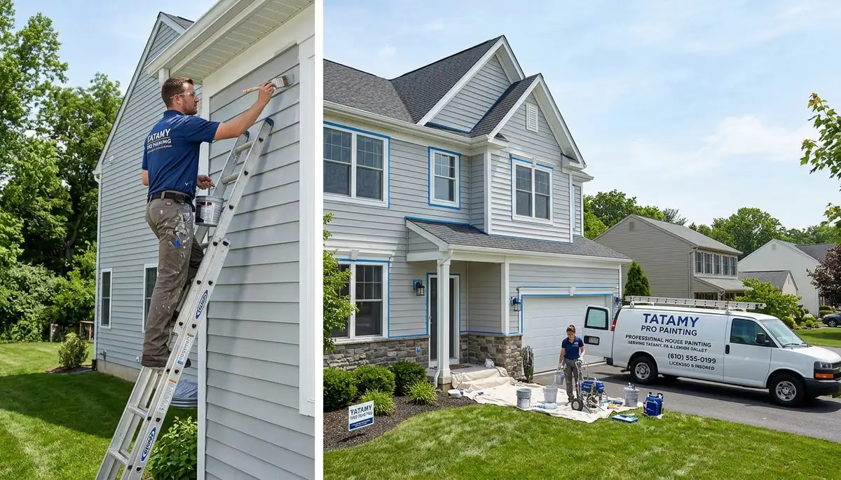 Professional house painters in Easton PA applying exterior paint to residential home façade
