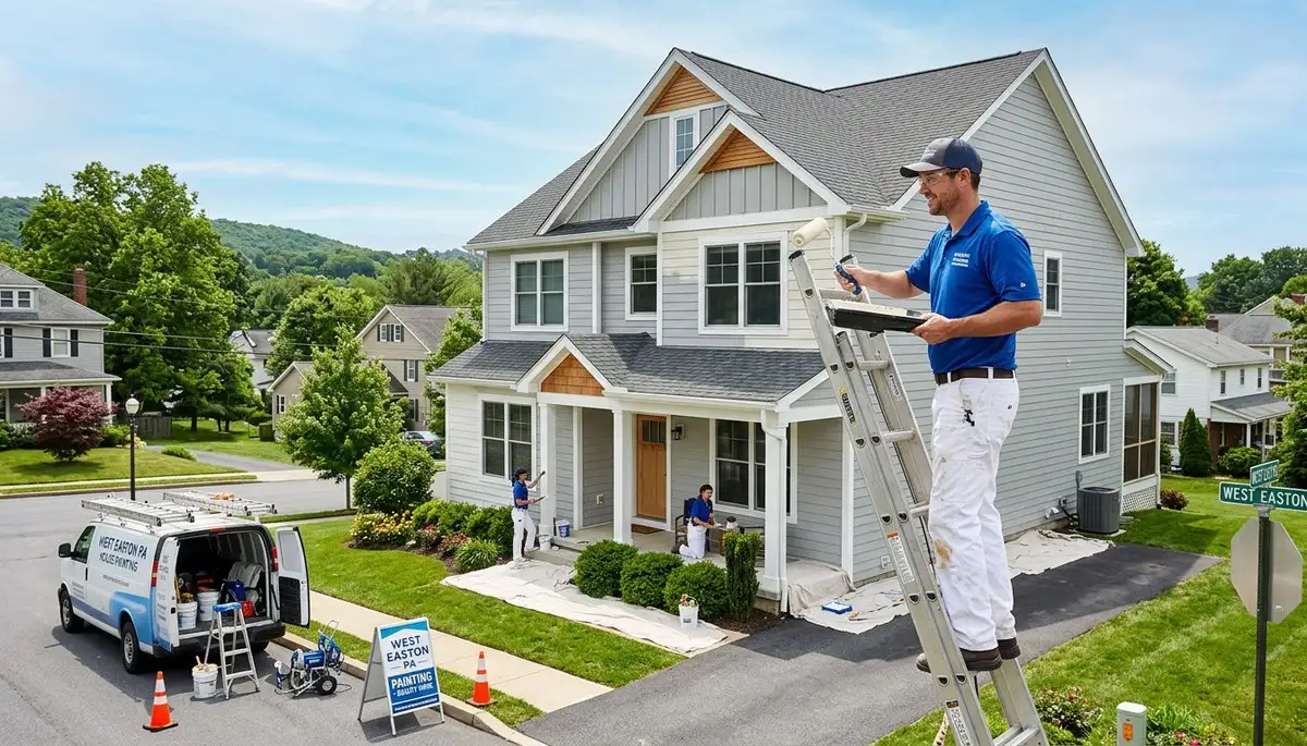 Professional house painters finishing exterior home project in Easton, PA
