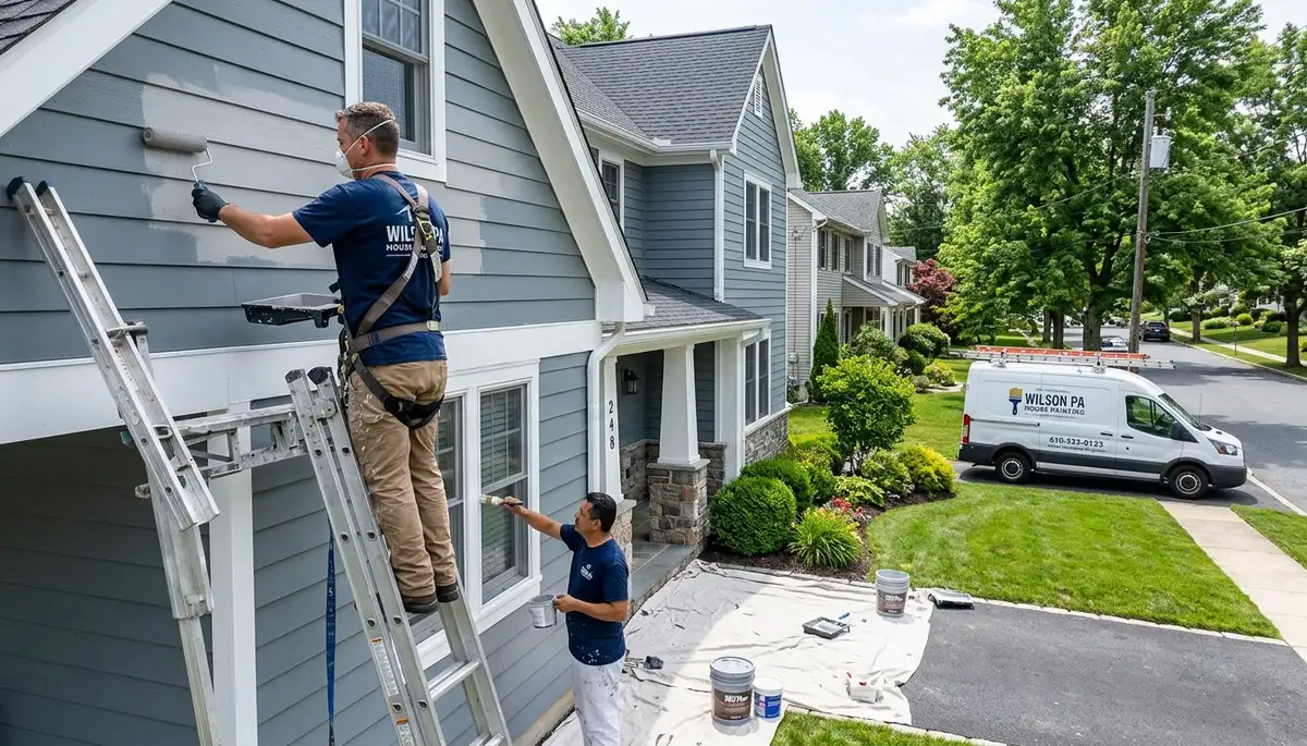 Professional house painters working on residential exterior in Easton, PA