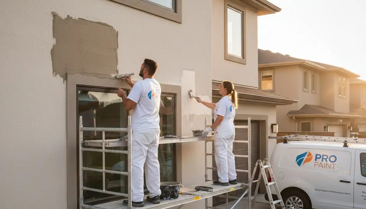 Professional stucco repair and restoration on home exterior in Easton, PA by expert painters